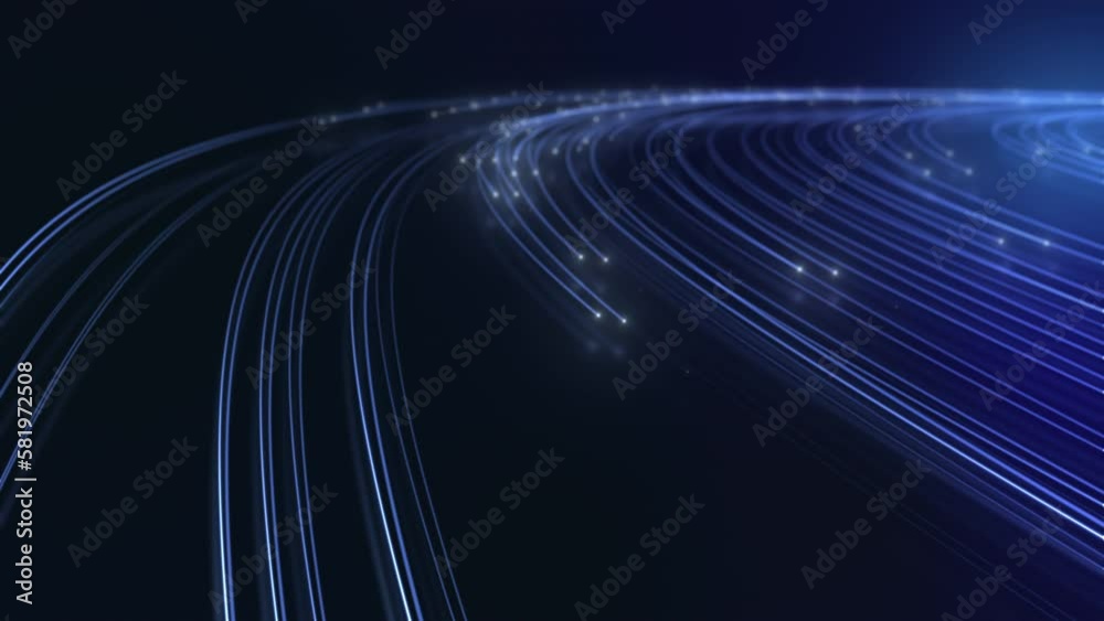 Abstract Blue Glowing Fiber Optic Lines. Bright Light Beam for Fast Data Transfer High-Speed Internet Connections. Internet of Things, Futuristic Technology Animation.