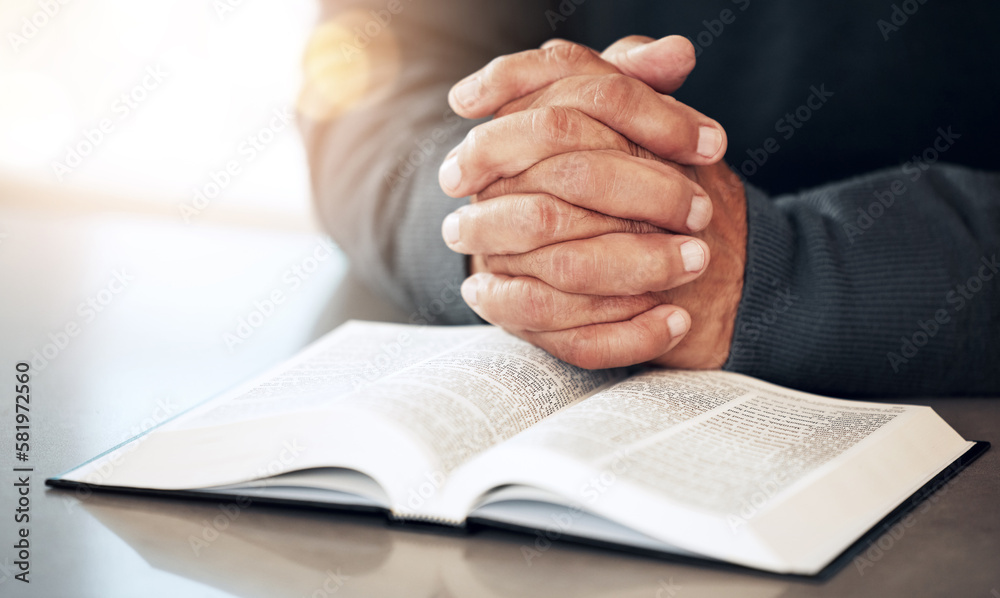 Fototapeta premium Bible, hands and prayer of a man reading christian text for spiritual healing and religion. Lens flare, hand closeup and praying of a person with peace and a book for praise, support and hope