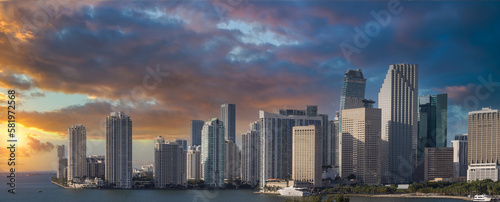 USA, scenic Miami harbor panoramic skyline close to Miami port and Biscayne bay.