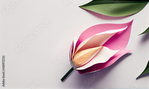 Pink-and-white lady’s slipper flower paper craft, Generative A photo