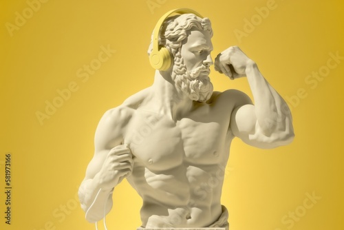Sculpture of greek god zeus wearing headphones. Pastel background. Generative AI.