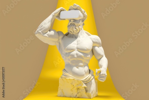 Sculpture of greek god zeus wearing virtual reality glasses. Pastel background. Generative AI. photo