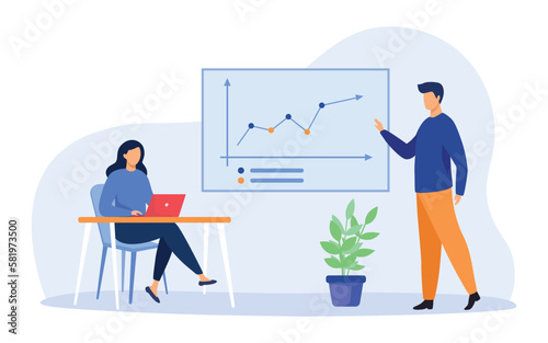 Analytics and management concept. Business coach showing growth graph to businesswoman.  Vector illustration.