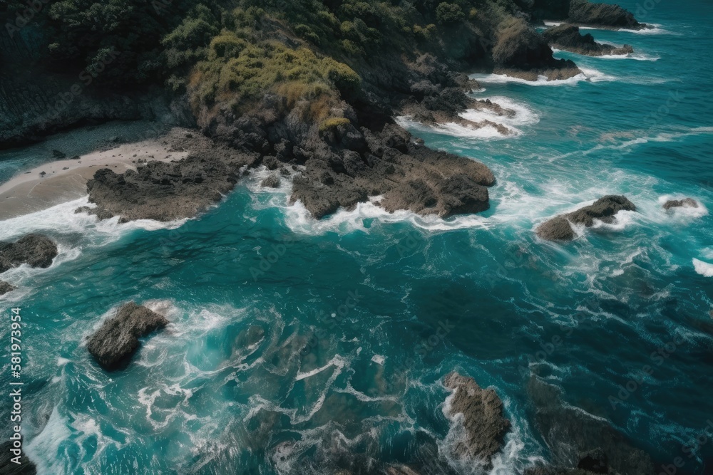 From above, the coast serves as the background. a background of turquoise water seen from above. aerial view of the sea in summer. Indonesian island of Nusa Penida. image of travel. Generative AI