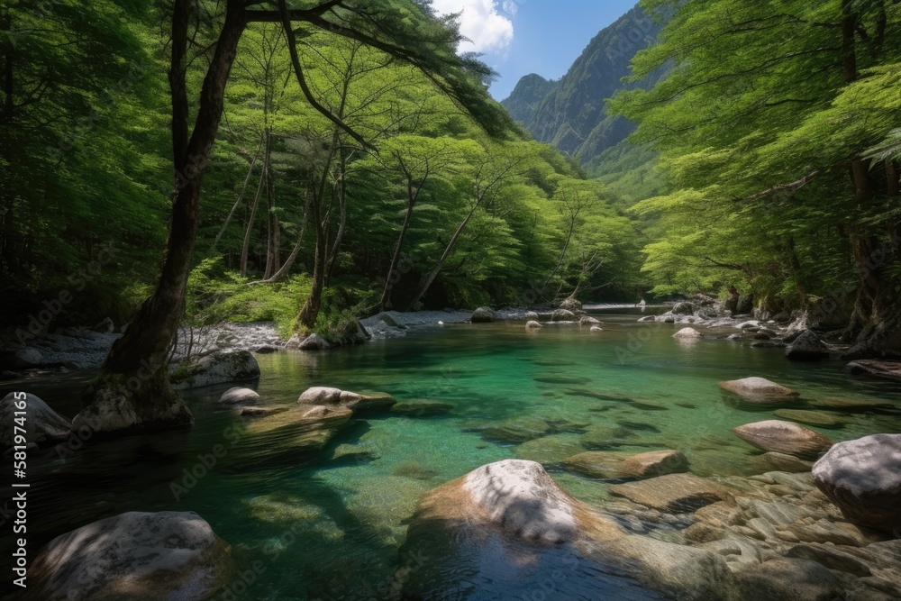 National Park of Chubu Sangaku. Kamikochi is the location. Mountains named Hotaka are nearby. Matsumoto,Nagano,Japan. end of June. Generative AI National Park of Chubu Sangaku. Kamikochi is the location. Mountains named Hotaka are nearby. Matsumoto,Nagano,Japan. end of June. Generative AI