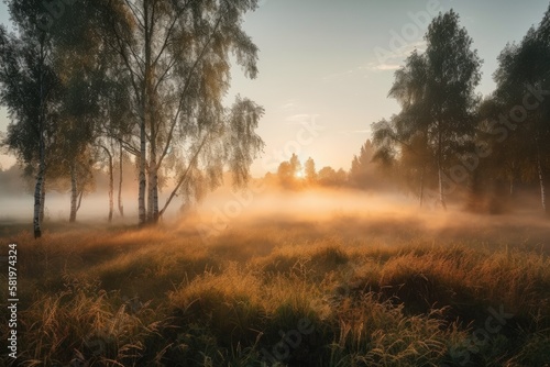 Summertime sunrise on a field with grass, fog, and young birch trees in the background. Landscape. Generative AI