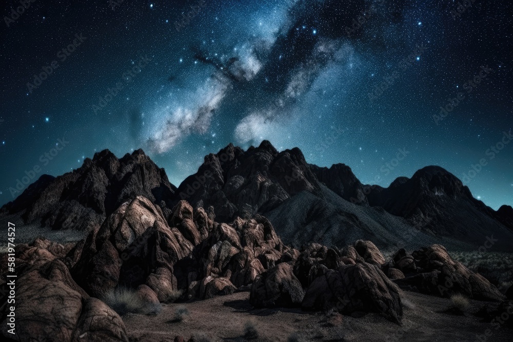 Long exposure of stars in the Las Vegas night sky over mountains. Generative AI