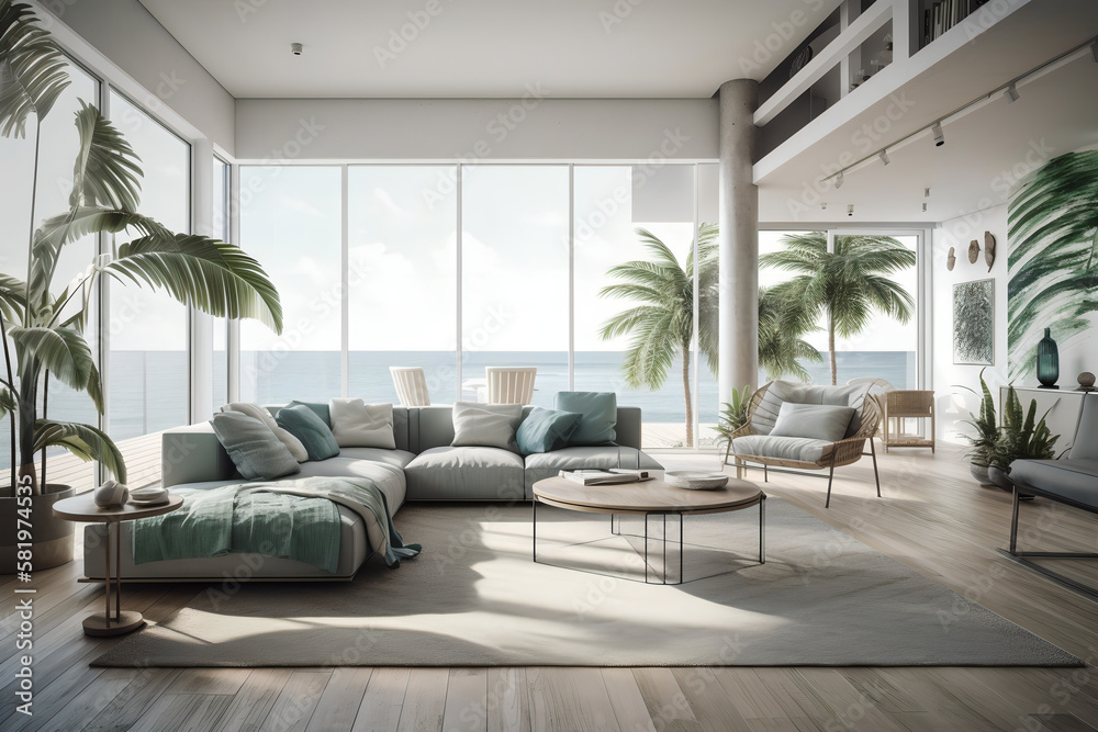 A serene and inviting minimalist living room with a balcony overlooking a  Caribbean beach. It features a white sectional sofa and a soft blue accent  wall. generative ai Stock Illustration