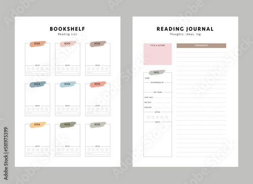 Bookshelf and reading journal planner. Minimalist planner template set. Vector illustration.
