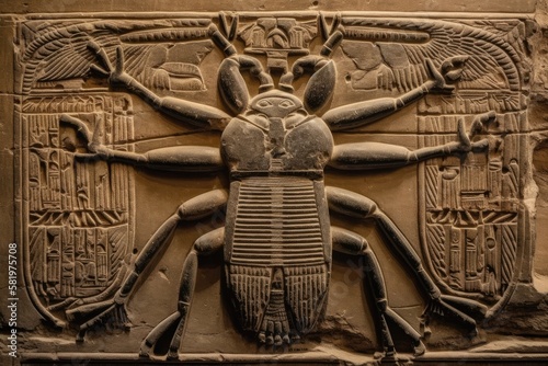 On the entryway of the Edfu temple is a carving of a flying scarab beetle. Egypt. Generative AI