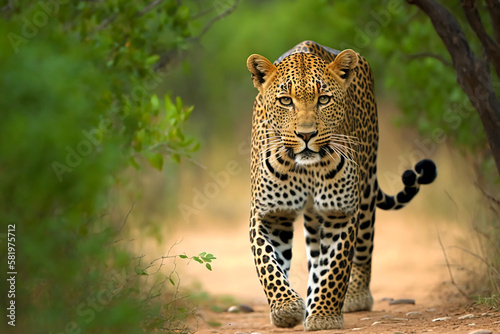 Stunning Leopard coming towards along the road. Generative AI Fototapet