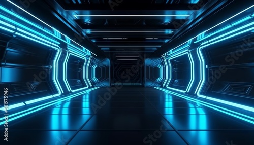 Blue White Led Lights Sci Fi Futuristic Modern Spaceship Dark Tunnel Corridor. Generative ai