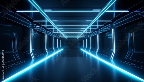 Blue White Led Lights Sci Fi Futuristic Modern Spaceship Dark Tunnel Corridor. Generative ai