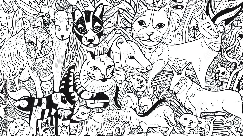 black and white line drawing illustration in doodle art style of cats and dog