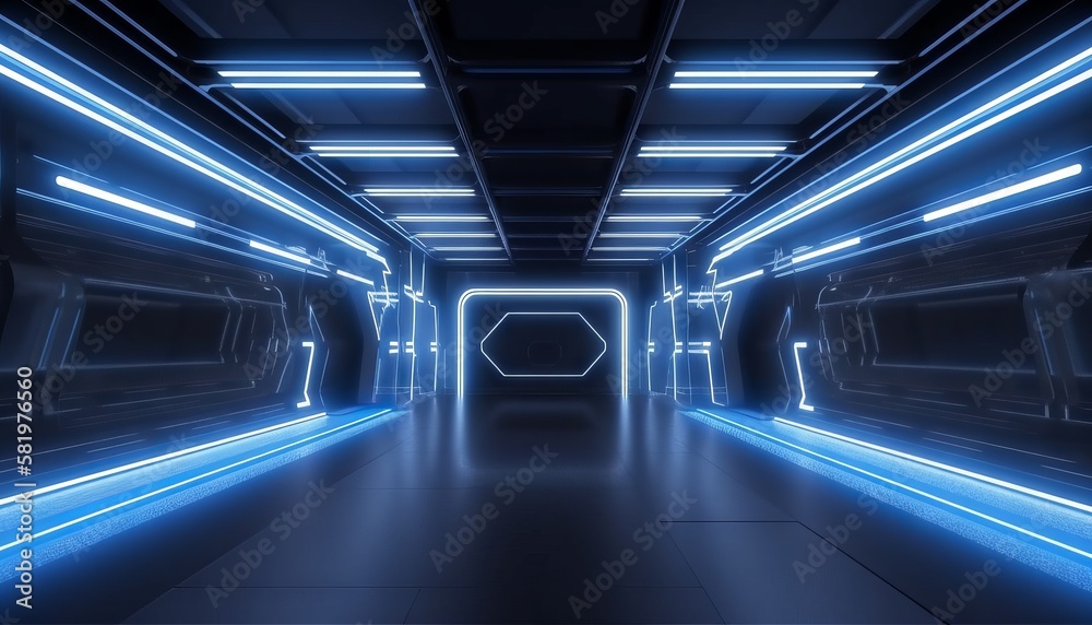 Blue White Led Lights Sci Fi Futuristic Modern Spaceship Dark Tunnel Corridor. Generative ai