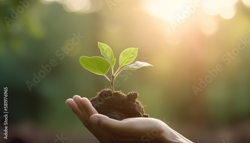 hand holding young plant on blur green nature background and sunlight. Generative ai