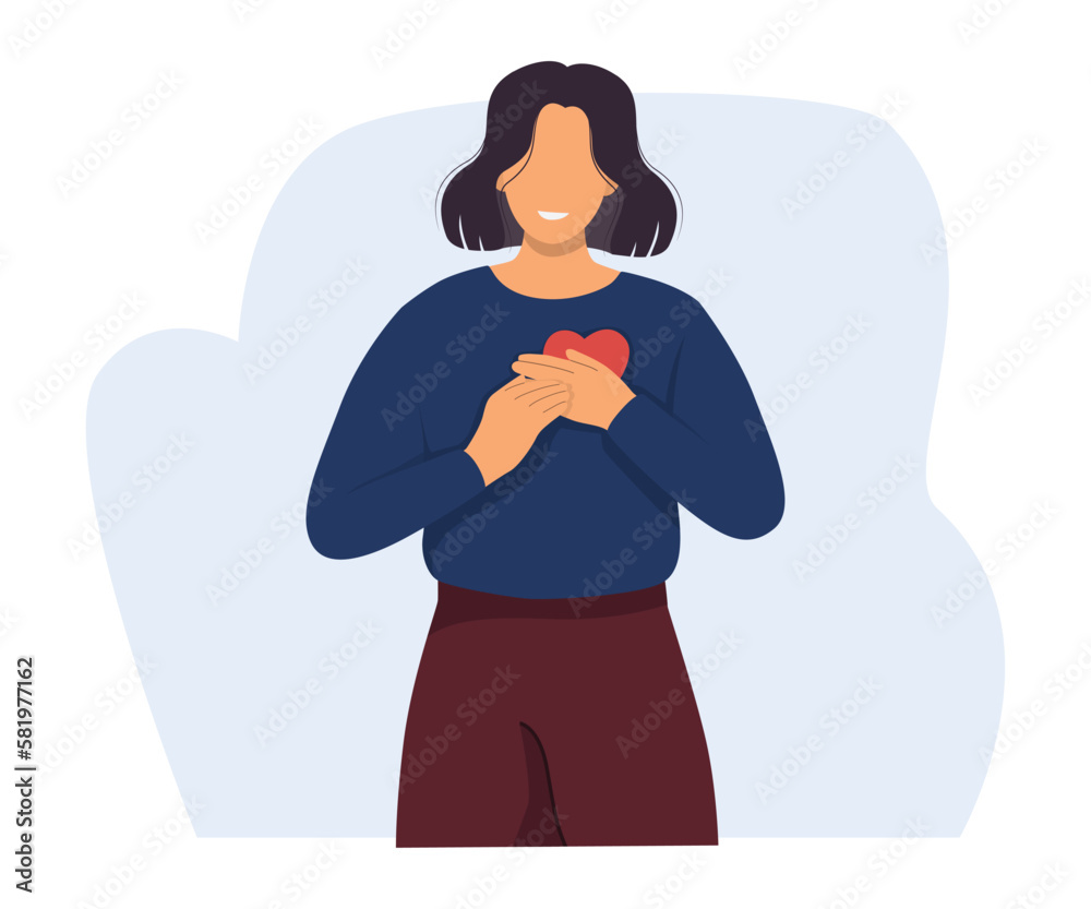Self-care and acceptance, hope for good concept. Happy woman with love, compassion, generosity in heart. Vector illustration. Self-care and acceptance, hope for good concept. Happy woman with love, compassion, generosity in heart. Vector illustration.