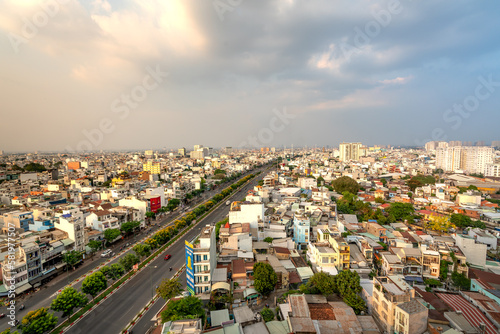 Saigon or Ho Chi Minh city skyline in sunset with colorful houses, Saigon is the largest city in Vietnam with around 10 million population people.