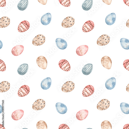 Watercolor seamless pattern with easter colorful eggs, easter texture on white background