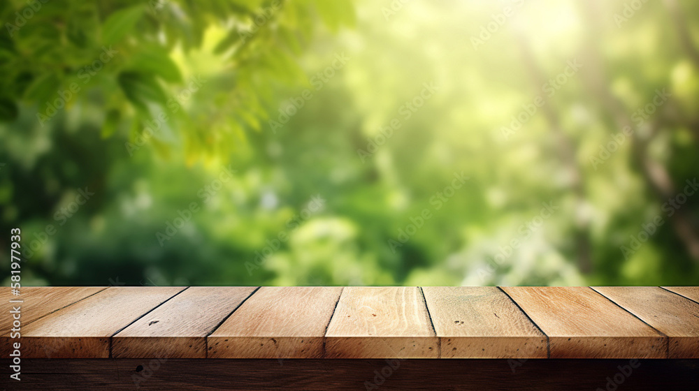 wooden table with blur green nature background for display product wooden table with blur green nature background for display product