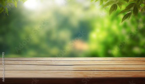 wooden table with blur green nature background for display product