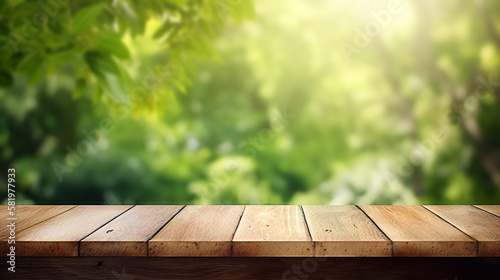 wooden table with blur green nature background for display product © Thawatchai