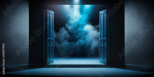Empty dark abstract dark blue background, Rays of neon light in the dark, spotlights and and studio room with smoke float up interior texture for display products wall background