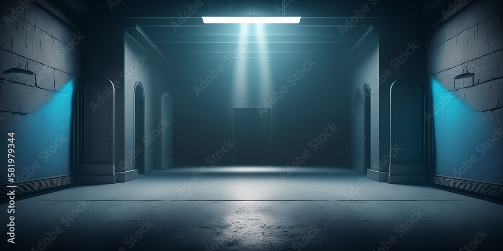Empty dark abstract dark blue background, Rays of neon light in the dark, spotlights and and studio room with smoke float up interior texture for display products wall background
