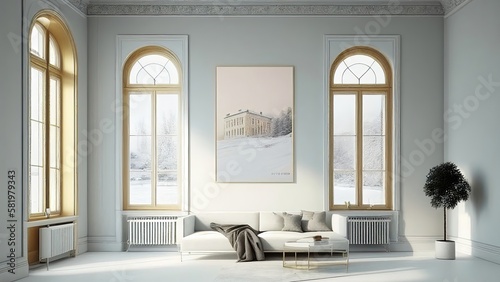 White lounge interior with minimalistic design furniture: light through decorative windows, empty, blank, nobody, no people, photorealistic, illustration, 5K, Generative AI