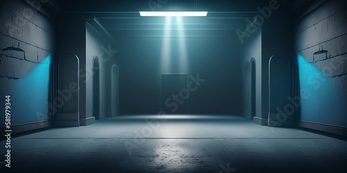 Empty dark abstract dark blue background  Rays of neon light in the dark  spotlights and and studio room with smoke float up interior texture for display products wall background