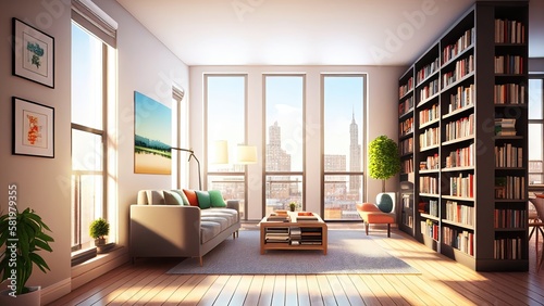 Living room interior with bookcase wall in a high-rise apartment in the city: empty, blank, nobody, no people, photorealistic, illustration, 5K, Generative AI