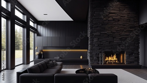 Black-themed large living room interior with a fireplace on the dark stone wall: empty, blank, nobody, no people, photorealistic, illustration, 5K, Generative AI