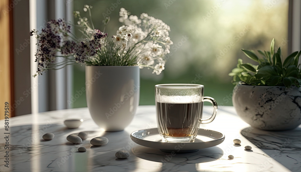 Coffee in cup on wooden table with flowers in spring season, calm and relax coffee, hot beverage, Morning drinks with Generative AI.