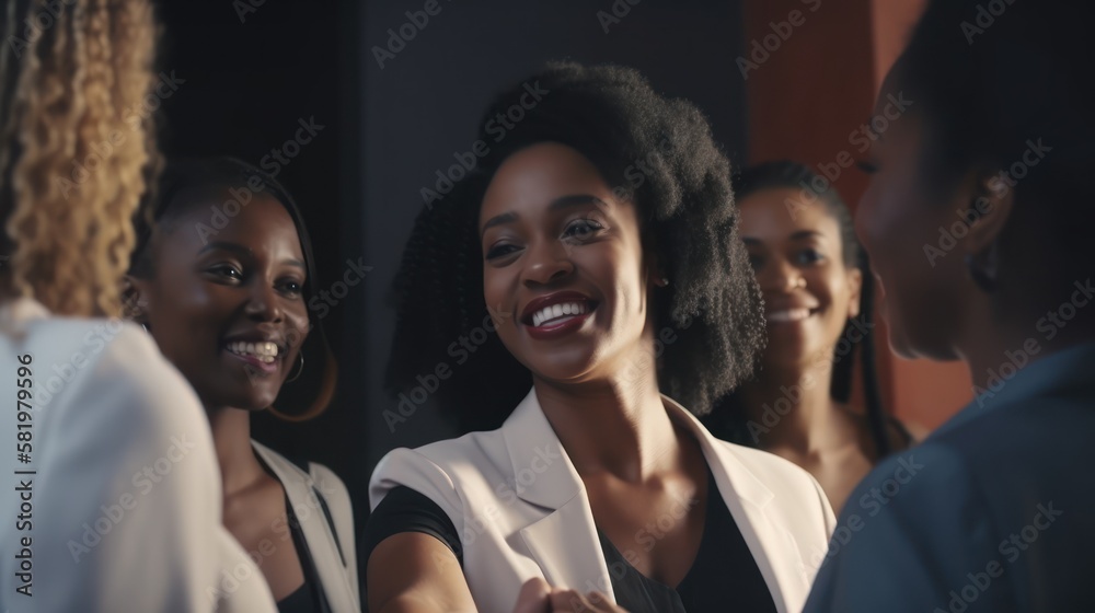 Obraz premium Professional Workplace Female Women: African American Black Historians Greeting with Confidence Friendliness in Business Setting, Diversity Equity Inclusion DEI Celebration (generative AI