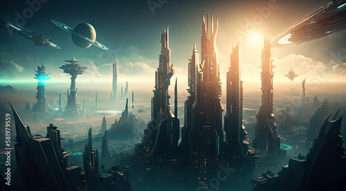Mega capital city futuristic Sci-fi town background  sci-fi landscape fantastic  alien city planet society  night scene with stars and planet  with Generative AI.