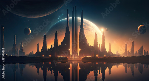 Mega capital city futuristic Sci-fi town background, sci-fi landscape fantastic, alien city planet society, night scene with stars and planet, with Generative AI. © TANATPON