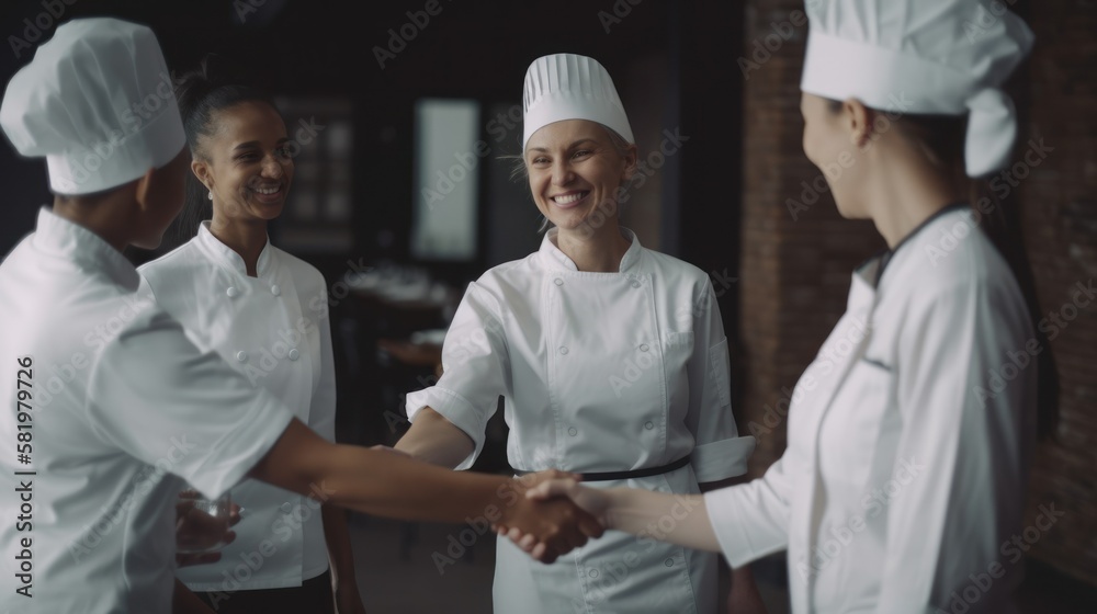 Professional Workplace Female Women: Caucasian White Chefs Greeting with Confidence Friendliness in Business Setting, Diversity Equity Inclusion DEI Celebration (generative AI