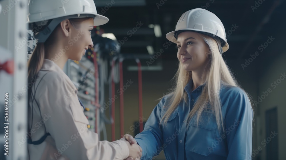 Professional Workplace Female Women: Caucasian White Electricians Greeting with Confidence Friendliness in Business Setting, Diversity Equity Inclusion DEI Celebration (generative AI Professional Workplace Female Women: Caucasian White Electricians Greeting with Confidence Friendliness in Business Setting, Diversity Equity Inclusion DEI Celebration (generative AI