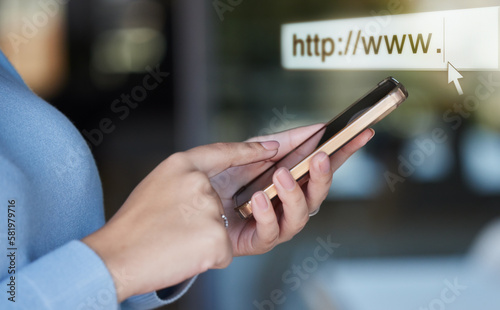 Web search, internet and phone with hands of woman for url, technology and data connection. Website, text and seo with girl and typing on mobile for social media, online browser and information © Joanrae/peopleimages.com