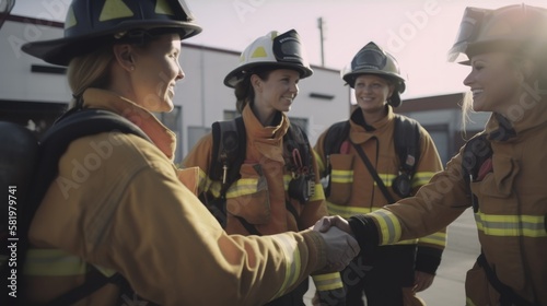 Professional Workplace Female Women: Caucasian White Firefighters Greeting with Confidence Friendliness in Business Setting, Diversity Equity Inclusion DEI Celebration (generative AI