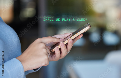 Woman, hands and phone in cybersecurity, metaverse or hacked mobile device and social network. Hand of female on smartphone with hacker prompt, message or text for game or malicious software attack