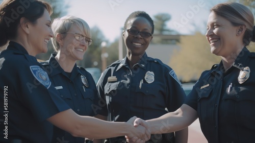 Professional Workplace Female Women: Caucasian White Police officers Greeting with Confidence Friendliness in Business Setting, Diversity Equity Inclusion DEI Celebration (generative AI