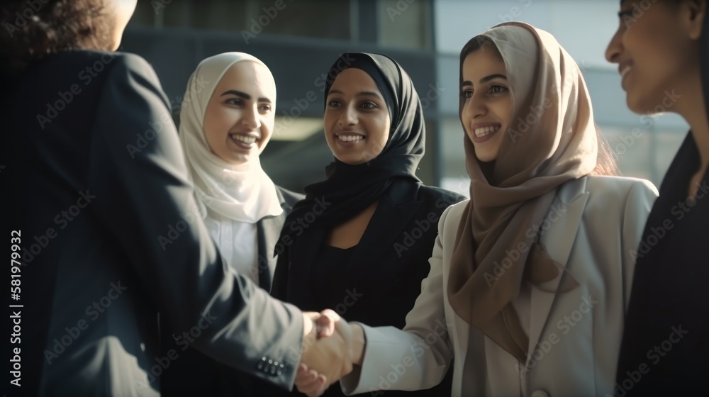 Professional Workplace Female Women: Middle Eastern Detectives Greeting with Confidence Friendliness in Business Setting, Diversity Equity Inclusion DEI Celebration (generative AI Professional Workplace Female Women: Middle Eastern Detectives Greeting with Confidence Friendliness in Business Setting, Diversity Equity Inclusion DEI Celebration (generative AI