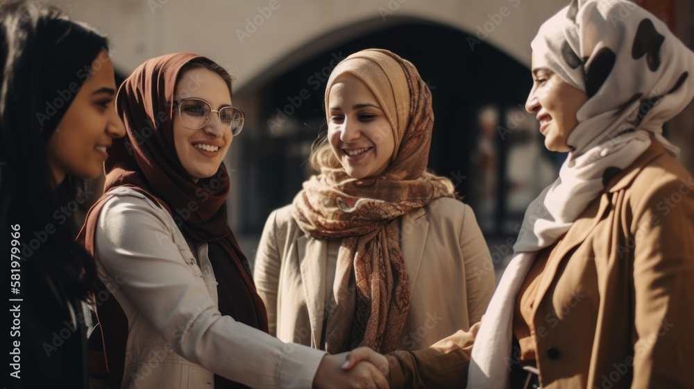 Naklejka premium Professional Workplace Female Women: Middle Eastern Geologists Greeting with Confidence Friendliness in Business Setting, Diversity Equity Inclusion DEI Celebration (generative AI