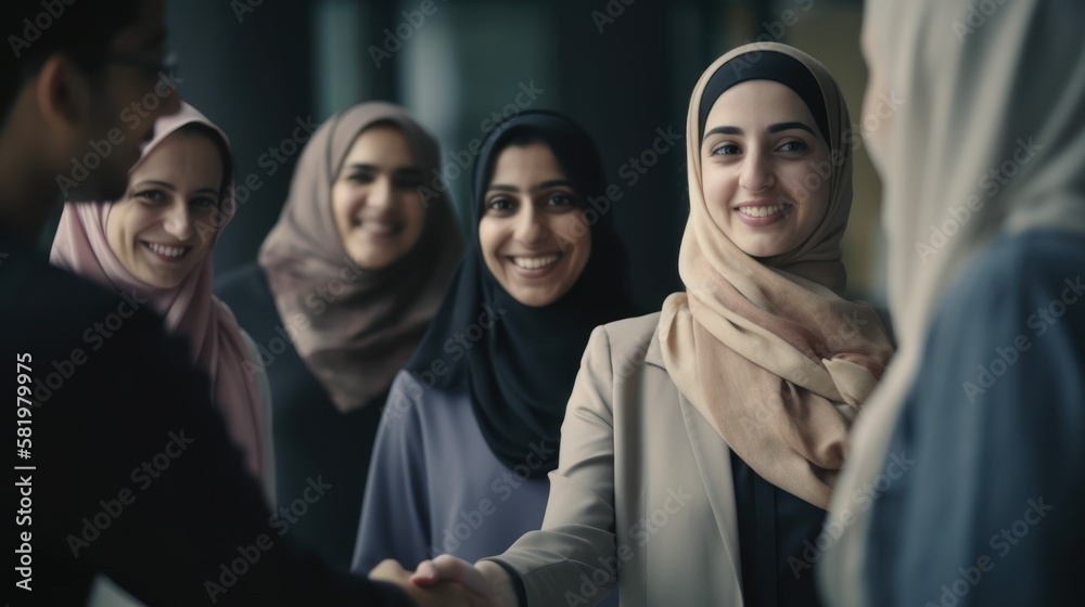 Professional Workplace Female Women: Middle Eastern Librarians Greeting with Confidence Friendliness in Business Setting, Diversity Equity Inclusion DEI Celebration (generative AI Professional Workplace Female Women: Middle Eastern Librarians Greeting with Confidence Friendliness in Business Setting, Diversity Equity Inclusion DEI Celebration (generative AI