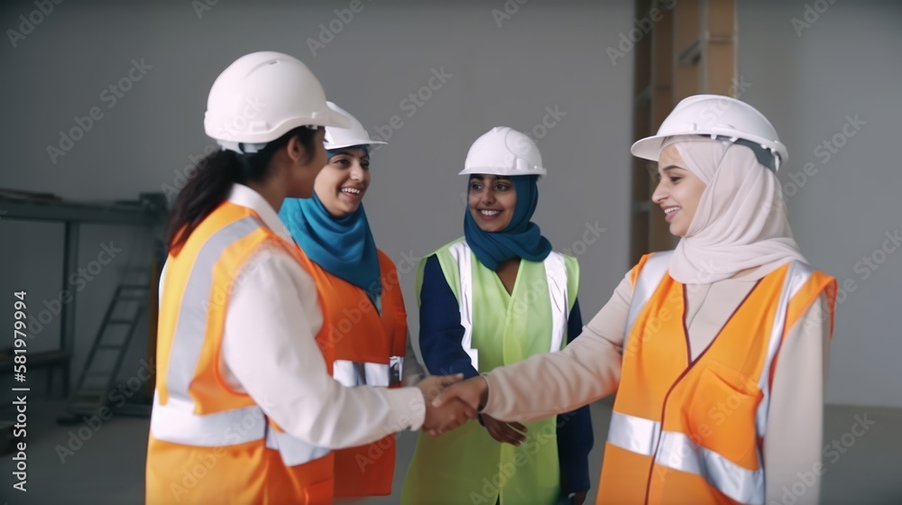 Professional Workplace Female Women: Middle Eastern Plumbers Greeting with Confidence Friendliness in Business Setting, Diversity Equity Inclusion DEI Celebration (generative AI Professional Workplace Female Women: Middle Eastern Plumbers Greeting with Confidence Friendliness in Business Setting, Diversity Equity Inclusion DEI Celebration (generative AI