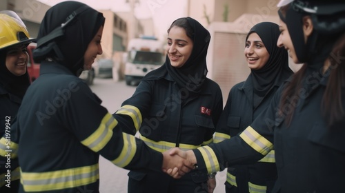 Professional Workplace Female Women: Middle Eastern Firefighters Greeting with Confidence Friendliness in Business Setting, Diversity Equity Inclusion DEI Celebration (generative AI