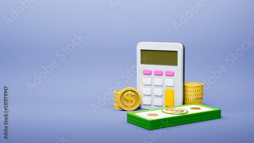 3D illustration with calculator, coins, dollar or other currency representing money, with copy space for text on a soft background