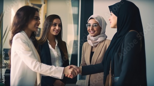 Professional Workplace Female Women: Middle Eastern Interior designers Greeting with Confidence Friendliness in Business Setting, Diversity Equity Inclusion DEI Celebration (generative AI