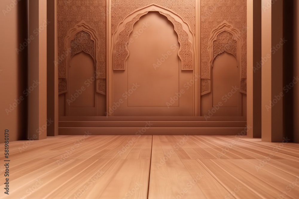 A wooden room with a wall and a door with a pattern of arabic and arabic letters. Generative AI